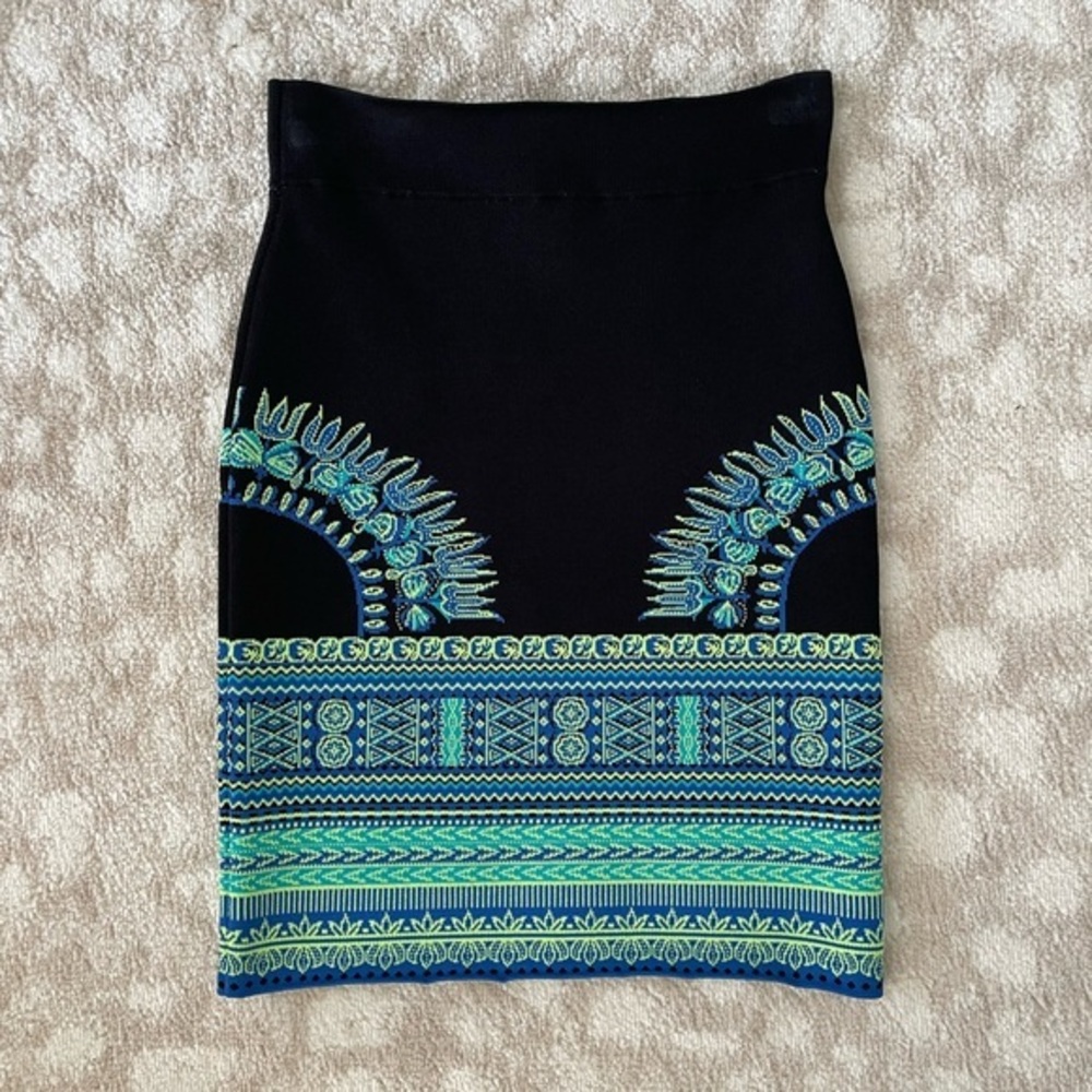 BCBG Maxazria Black, Green, & Blue Bandage Skirt Geometric Bodycon Women’s Sz M